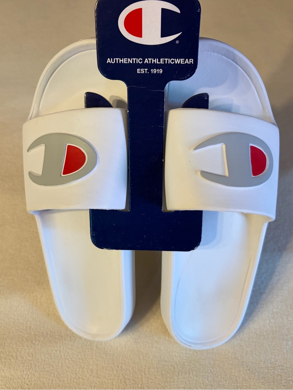Champion Logo Women’s Takeover Athlete Wear White Slide Sandals with Red/Grey.